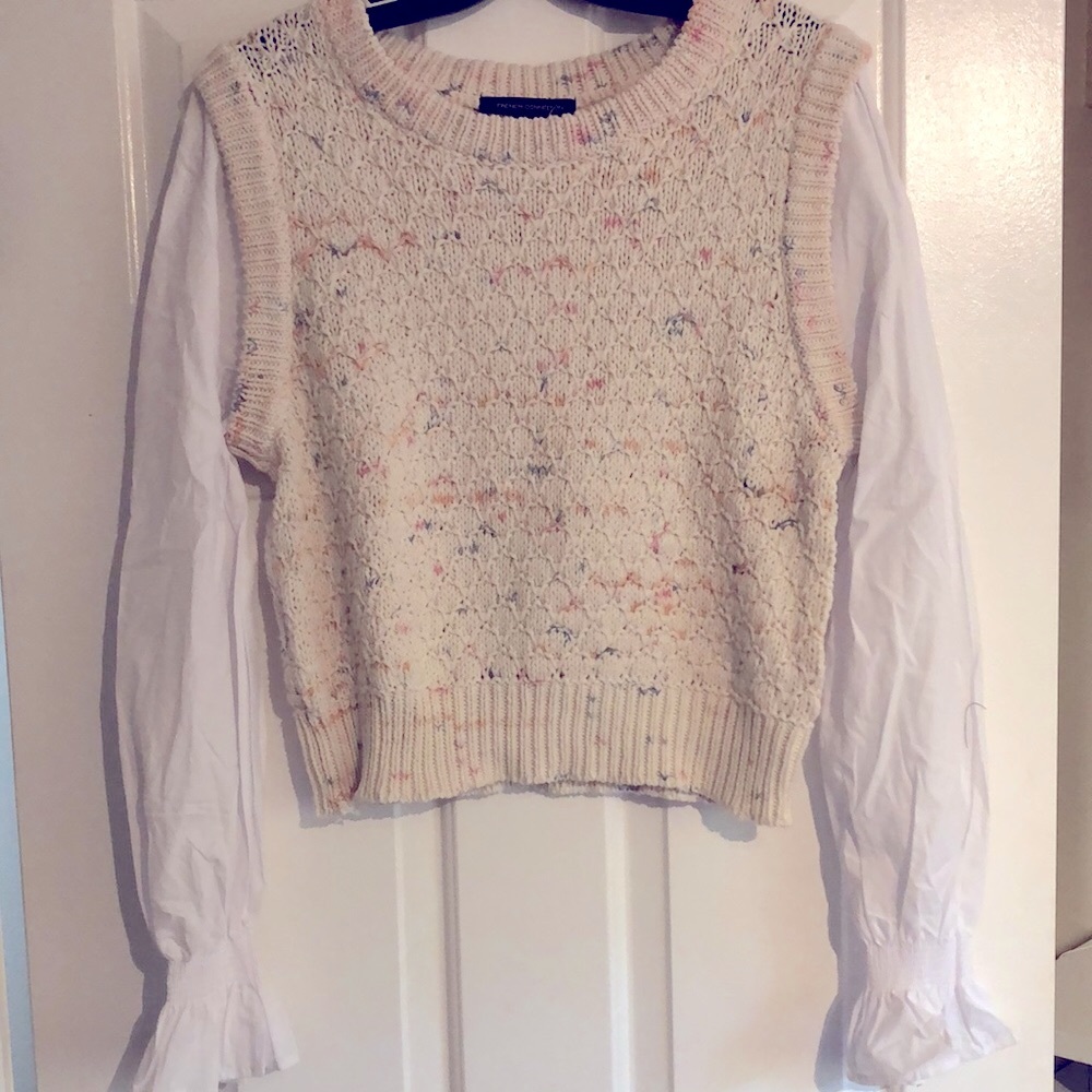 Women's Cream Knit Sweater Vest with built in white blouse